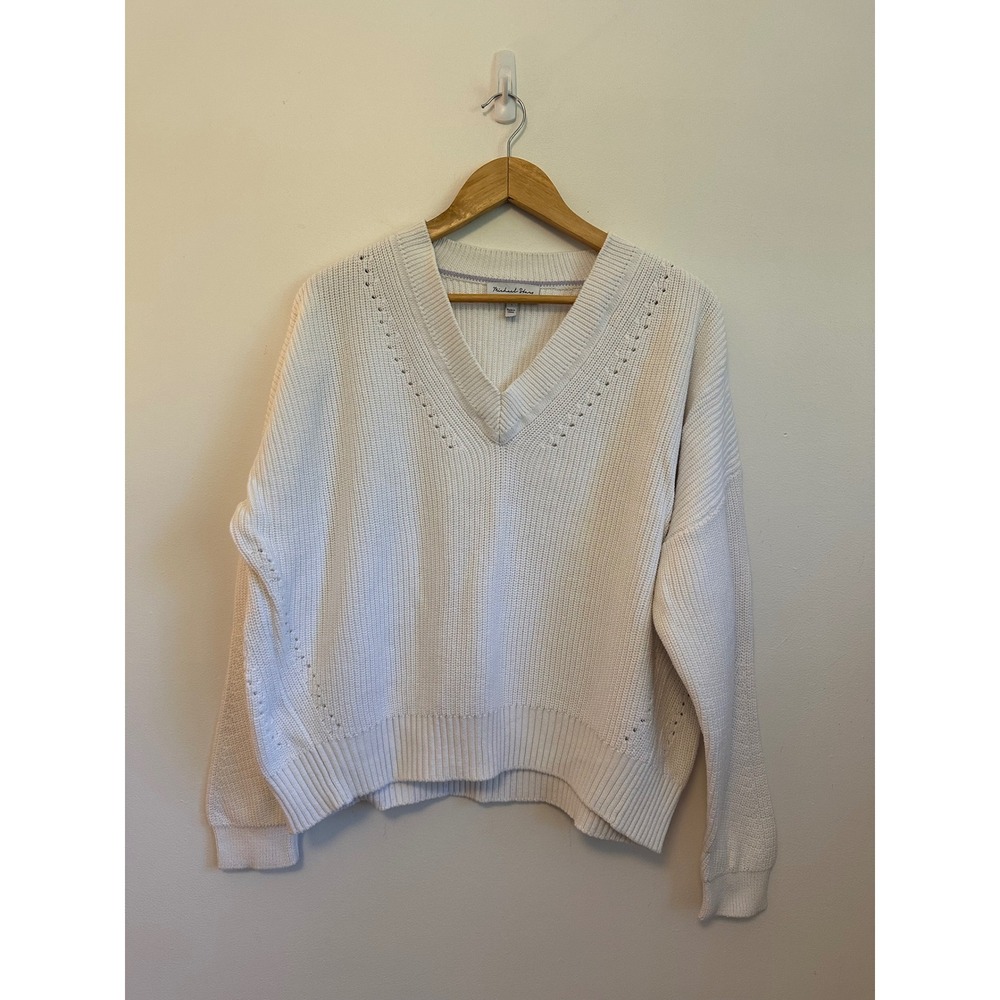 Michael Stars White 100% Cotton V-Neck Ribbed Pointelle Knit Sweater | Large